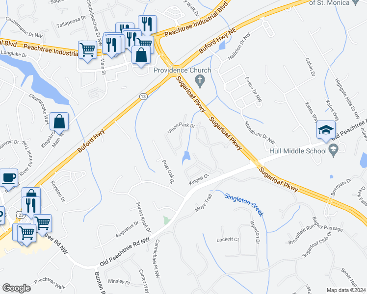 map of restaurants, bars, coffee shops, grocery stores, and more near 3633 Terrah Point Drive in Duluth