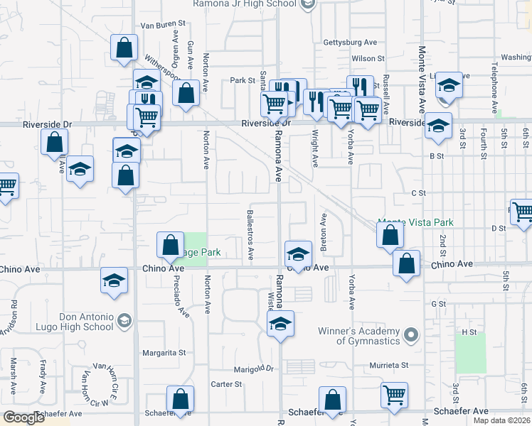 map of restaurants, bars, coffee shops, grocery stores, and more near 4458 Juanita Court in Chino