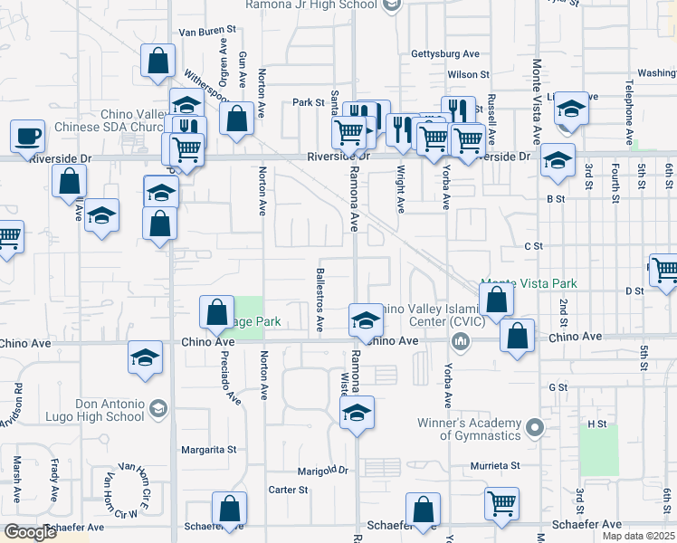 map of restaurants, bars, coffee shops, grocery stores, and more near 4458 Juanita Court in Chino