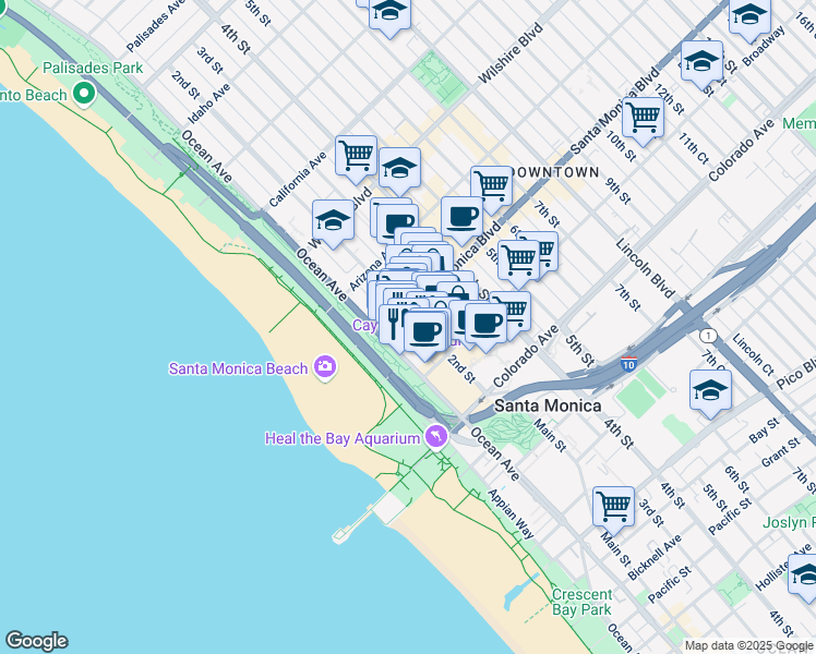 map of restaurants, bars, coffee shops, grocery stores, and more near 1431 Ocean Avenue in Santa Monica