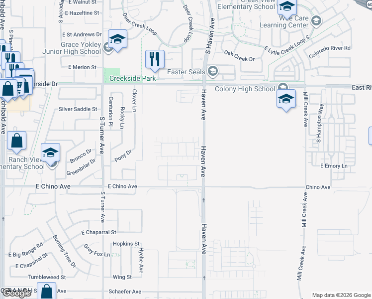 map of restaurants, bars, coffee shops, grocery stores, and more near 3260 South Coral Paseo in Ontario