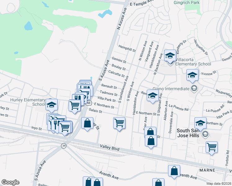 map of restaurants, bars, coffee shops, grocery stores, and more near 17520 Tadmore Street in La Puente
