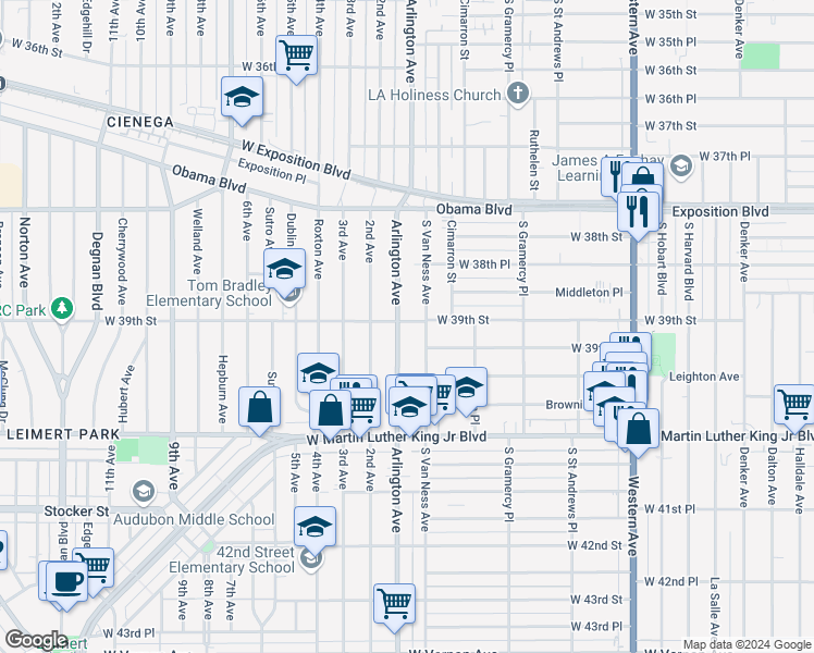 map of restaurants, bars, coffee shops, grocery stores, and more near 2018 West 39th Street in Los Angeles