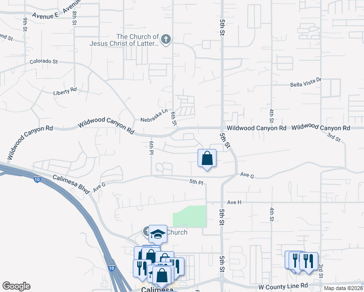 map of restaurants, bars, coffee shops, grocery stores, and more near 34111 Wildwood Canyon Road in Yucaipa