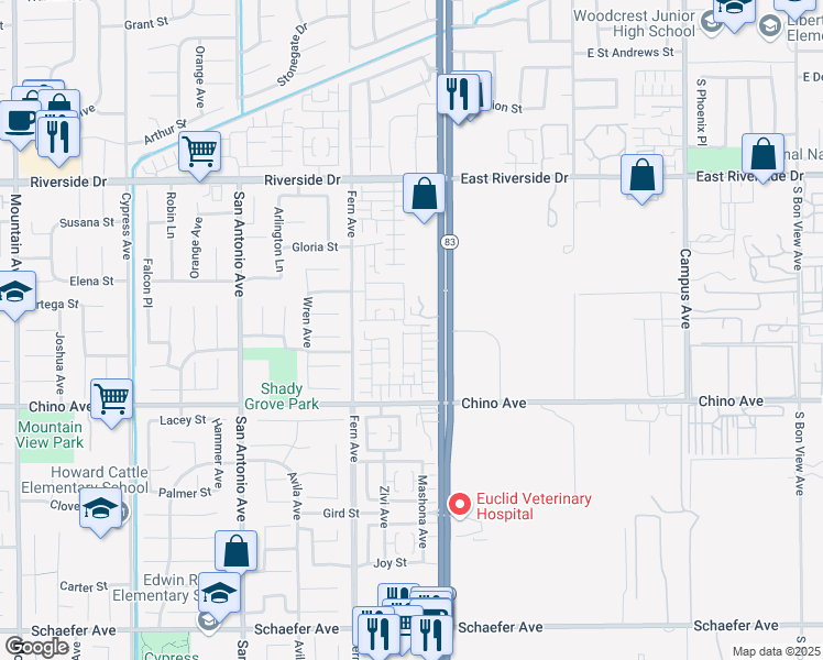 map of restaurants, bars, coffee shops, grocery stores, and more near 13188 Stellar Avenue in Chino