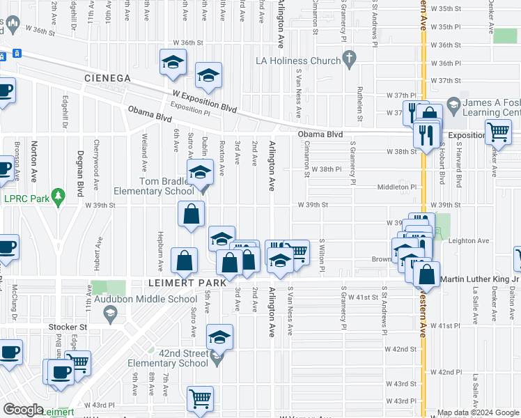 map of restaurants, bars, coffee shops, grocery stores, and more near 3900 2nd Avenue in Los Angeles