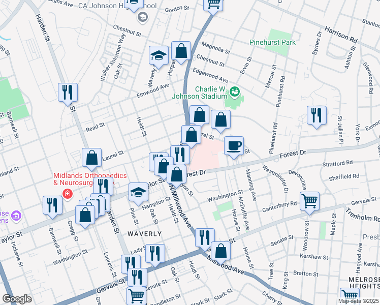 map of restaurants, bars, coffee shops, grocery stores, and more near 1655 Bernardin Avenue in Columbia