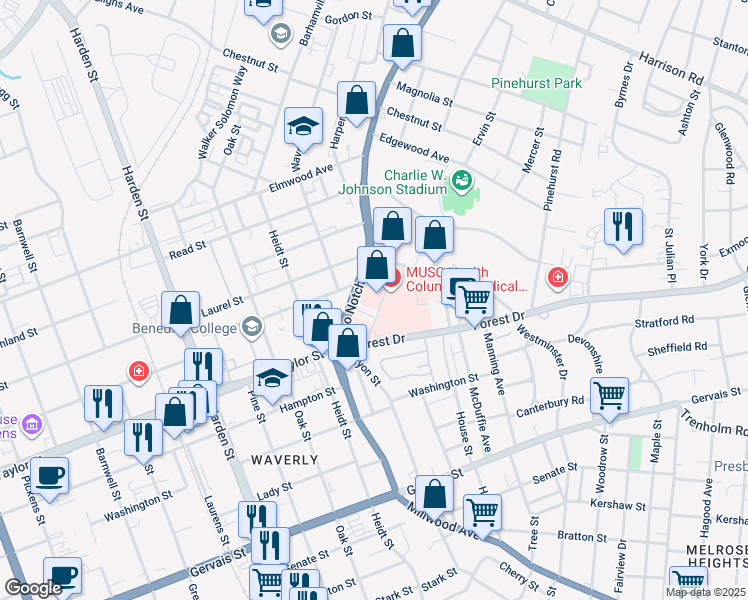 map of restaurants, bars, coffee shops, grocery stores, and more near 1655 Bernardin Avenue in Columbia