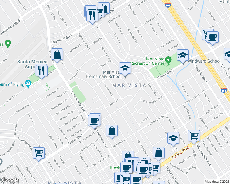 map of restaurants, bars, coffee shops, grocery stores, and more near 3425 Inglewood Boulevard in Los Angeles