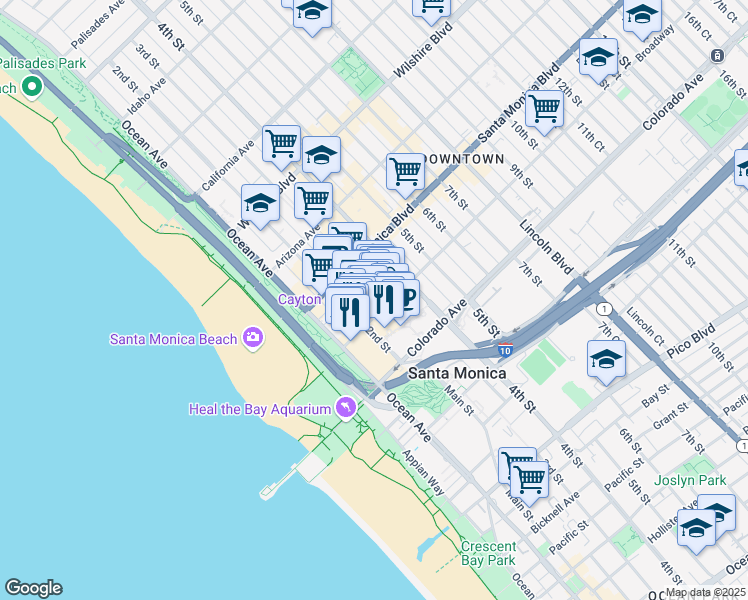 map of restaurants, bars, coffee shops, grocery stores, and more near 201 Broadway in Santa Monica