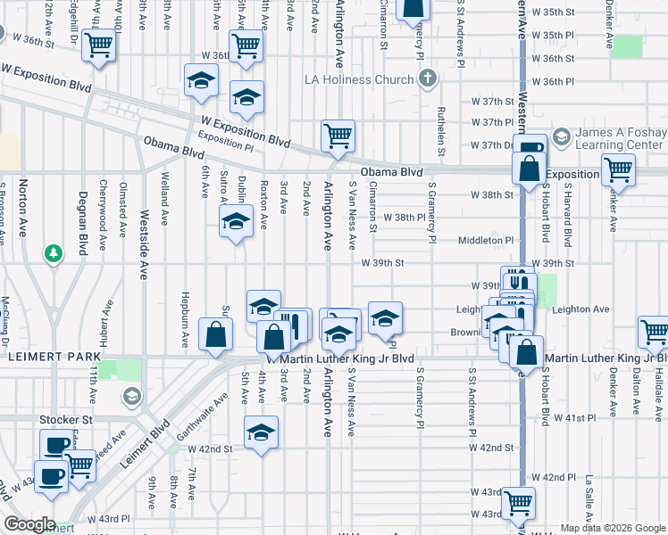 map of restaurants, bars, coffee shops, grocery stores, and more near 2018 West 39th Street in Los Angeles