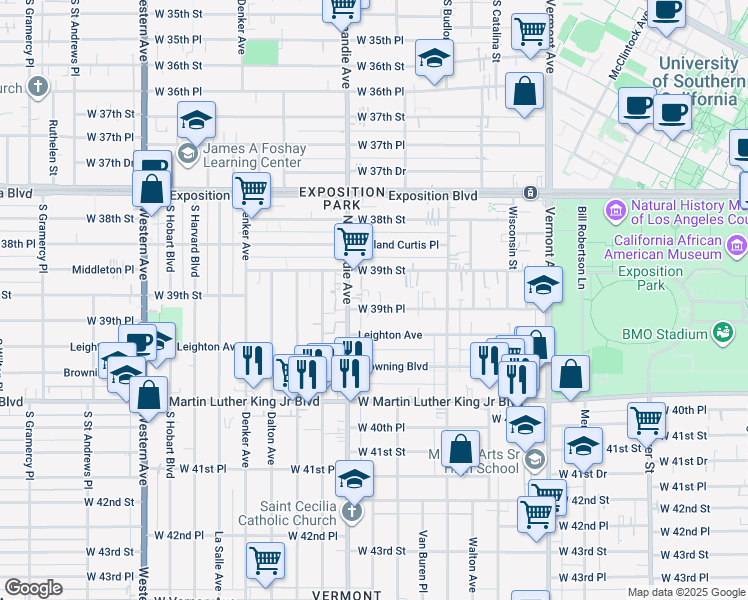 map of restaurants, bars, coffee shops, grocery stores, and more near 1256 West 39th Place in Los Angeles
