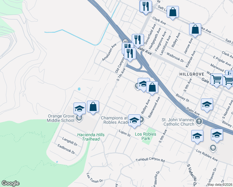 map of restaurants, bars, coffee shops, grocery stores, and more near 14607 Mountain Spring Street in La Puente