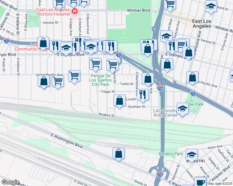 map of restaurants, bars, coffee shops, grocery stores, and more near 4376 Triggs Street in Los Angeles