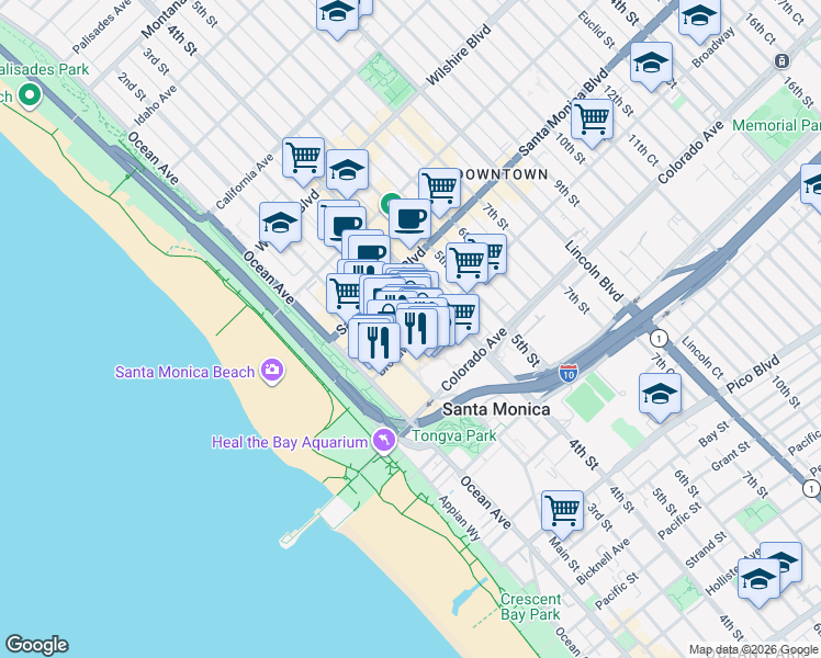 map of restaurants, bars, coffee shops, grocery stores, and more near 1452 3rd Street in Santa Monica