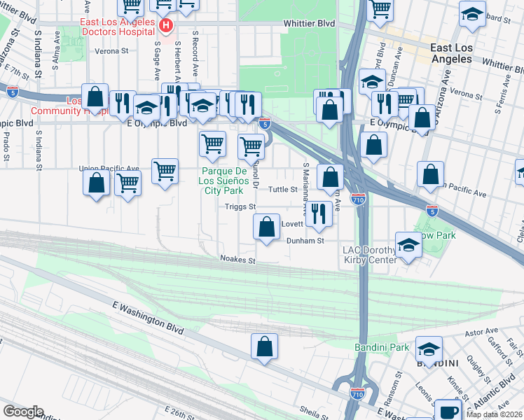 map of restaurants, bars, coffee shops, grocery stores, and more near 4378 Triggs Street in Los Angeles