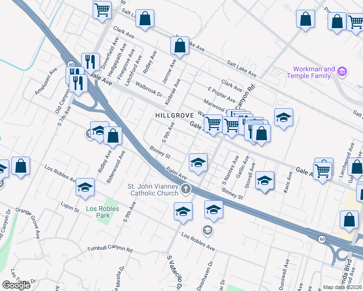 map of restaurants, bars, coffee shops, grocery stores, and more near 1159 Valencia Avenue in La Puente