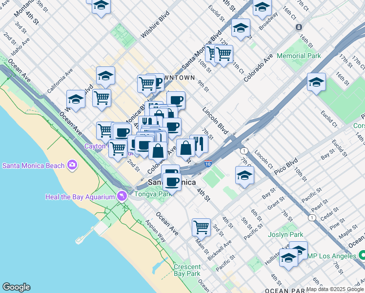 map of restaurants, bars, coffee shops, grocery stores, and more near 502 Colorado Avenue in Santa Monica
