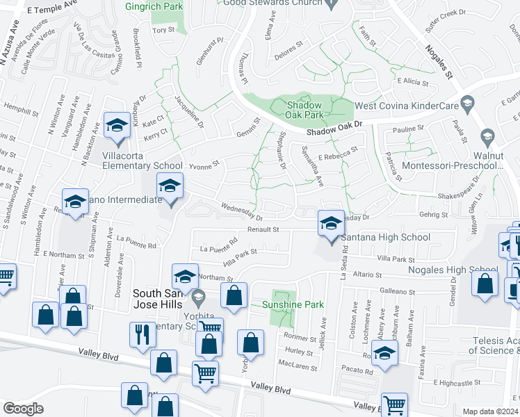 map of restaurants, bars, coffee shops, grocery stores, and more near 1942 Hawaii Street in West Covina