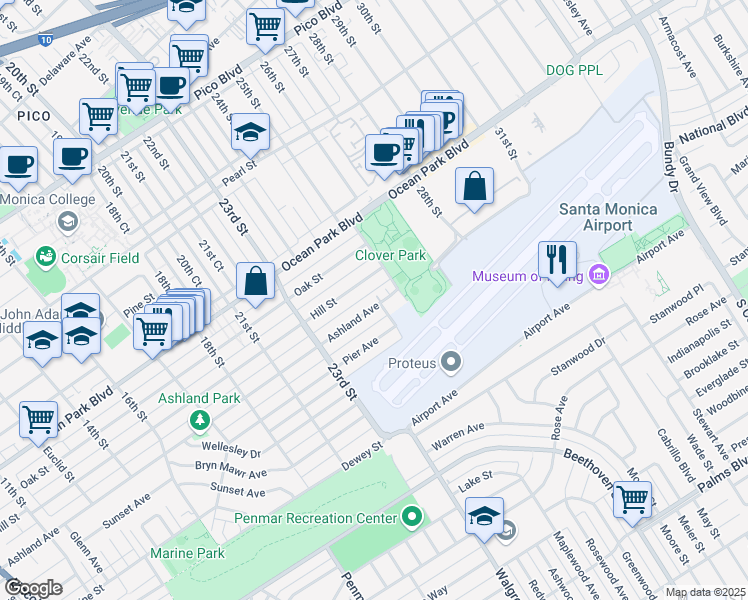 map of restaurants, bars, coffee shops, grocery stores, and more near 2437 Ashland Avenue in Santa Monica