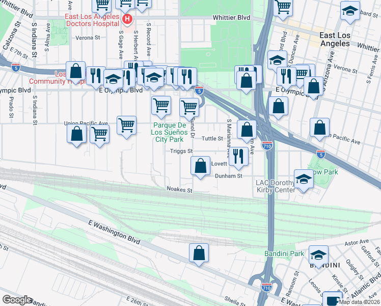 map of restaurants, bars, coffee shops, grocery stores, and more near 4376 Triggs Street in Los Angeles