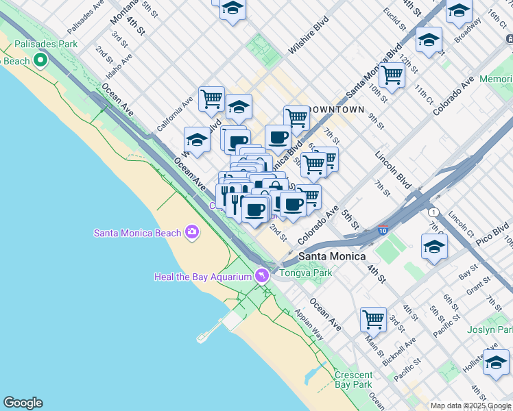 map of restaurants, bars, coffee shops, grocery stores, and more near 1423 2nd Street in Santa Monica