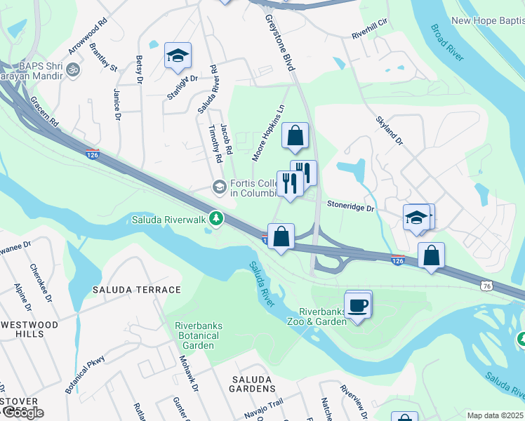 map of restaurants, bars, coffee shops, grocery stores, and more near 220 Stoneridge Drive in Columbia
