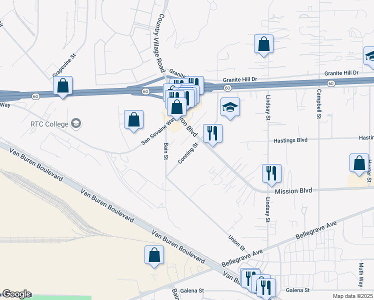 map of restaurants, bars, coffee shops, grocery stores, and more near 4293 Conning Street in Riverside