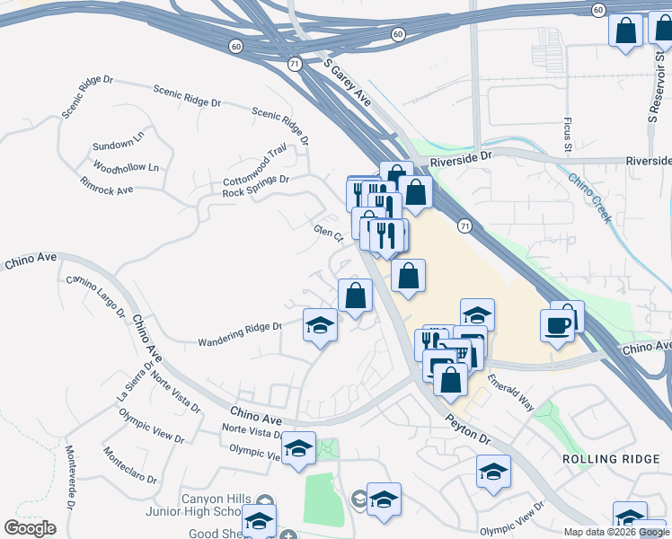 map of restaurants, bars, coffee shops, grocery stores, and more near 13150 Pinnacle Court in Chino Hills