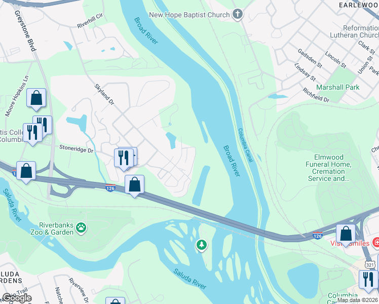 map of restaurants, bars, coffee shops, grocery stores, and more near 2076 Watermark Place in Columbia