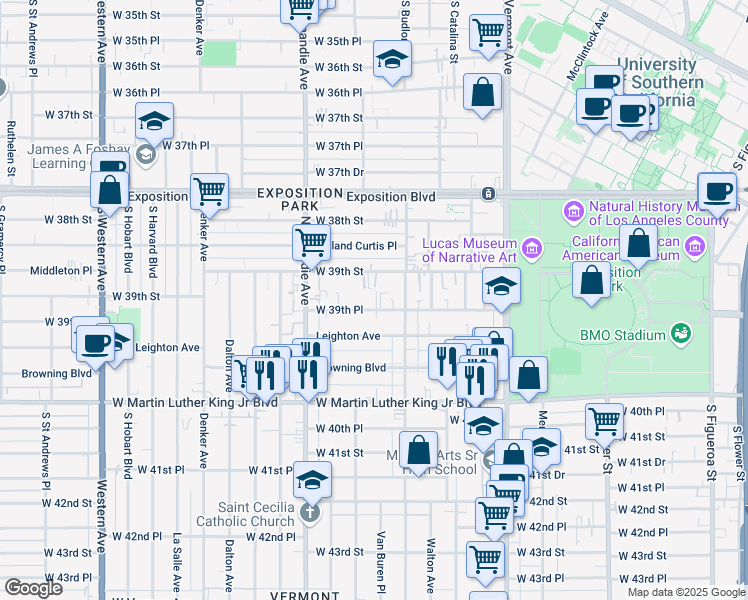 map of restaurants, bars, coffee shops, grocery stores, and more near 1200 West 39th Place in Los Angeles