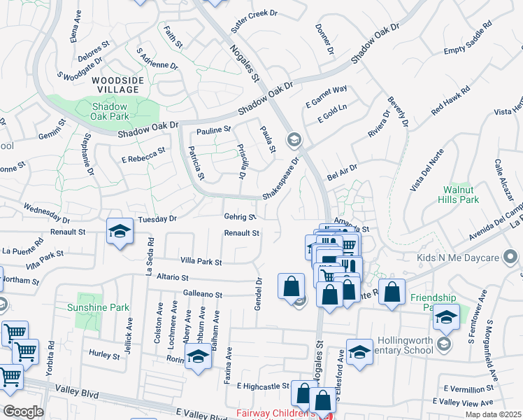 map of restaurants, bars, coffee shops, grocery stores, and more near 3429 Fionna Place in West Covina