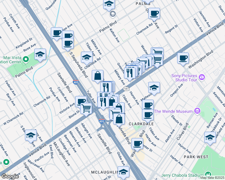 map of restaurants, bars, coffee shops, grocery stores, and more near 3760 South Bentley Avenue in Los Angeles