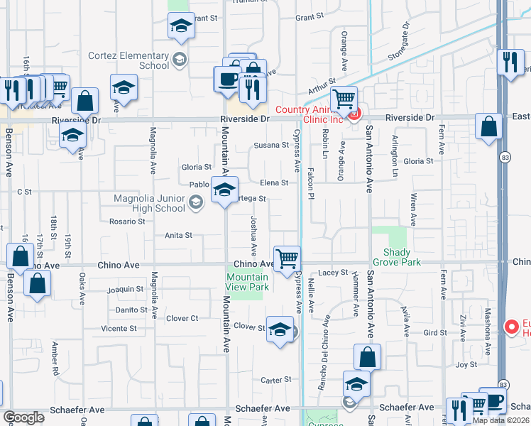 map of restaurants, bars, coffee shops, grocery stores, and more near 6445 Potomac River Court in Chino