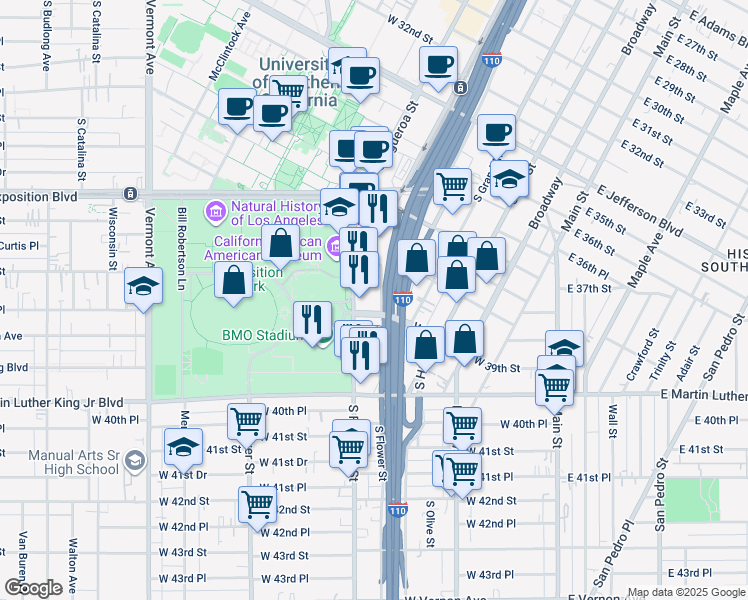 map of restaurants, bars, coffee shops, grocery stores, and more near in Los Angeles