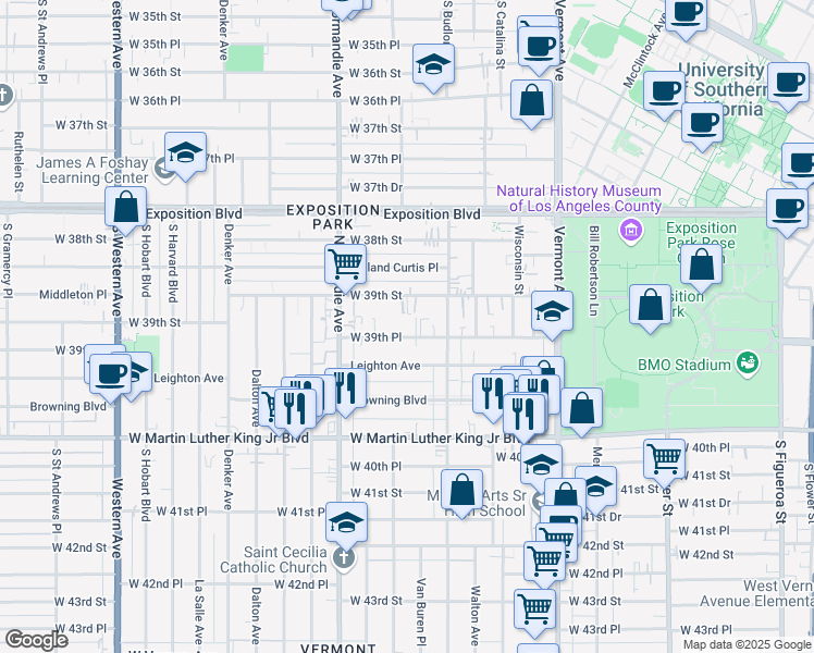 map of restaurants, bars, coffee shops, grocery stores, and more near 1200 West 39th Place in Los Angeles