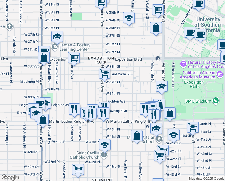 map of restaurants, bars, coffee shops, grocery stores, and more near 1256 West 39th Place in Los Angeles