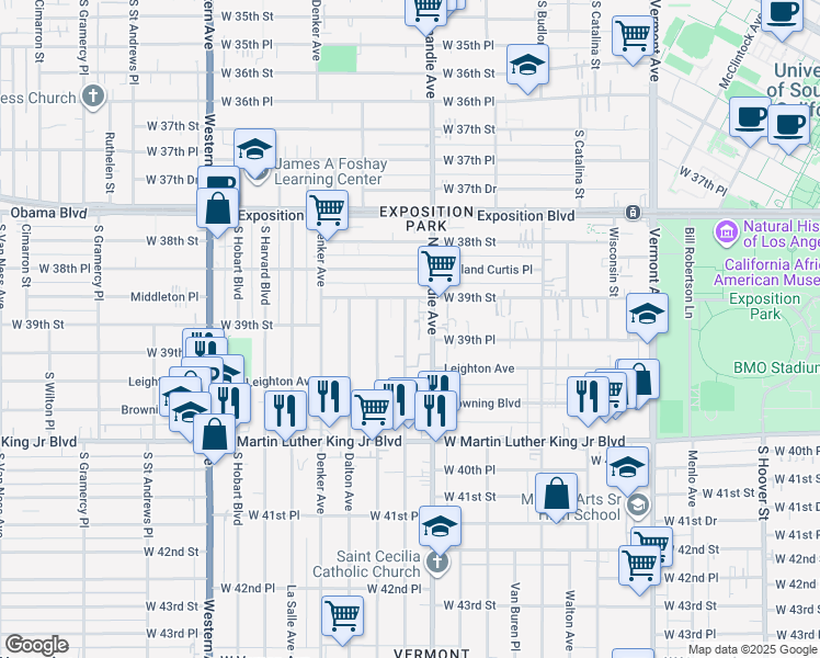map of restaurants, bars, coffee shops, grocery stores, and more near 3927 Normandie Avenue in Los Angeles