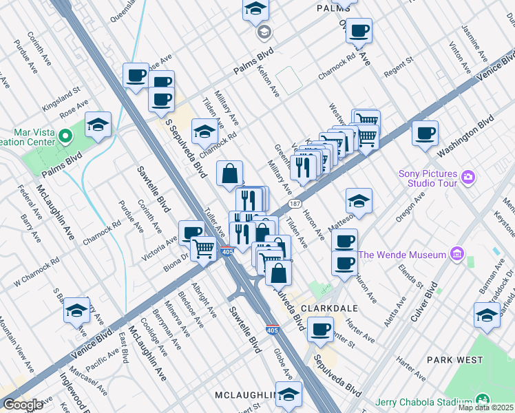 map of restaurants, bars, coffee shops, grocery stores, and more near 11103 Venice Boulevard in Los Angeles