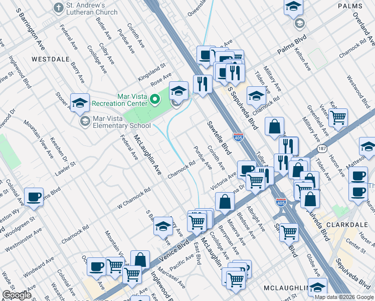 map of restaurants, bars, coffee shops, grocery stores, and more near 11417 Charnock Road in Los Angeles