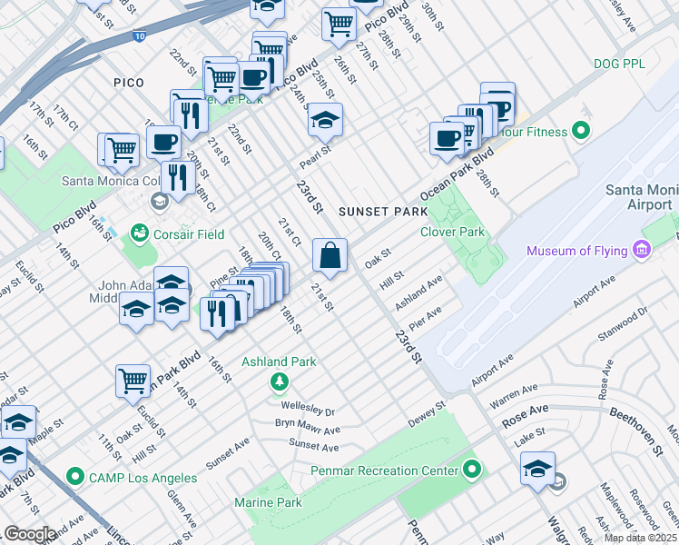 map of restaurants, bars, coffee shops, grocery stores, and more near 2117 Oak Street in Santa Monica