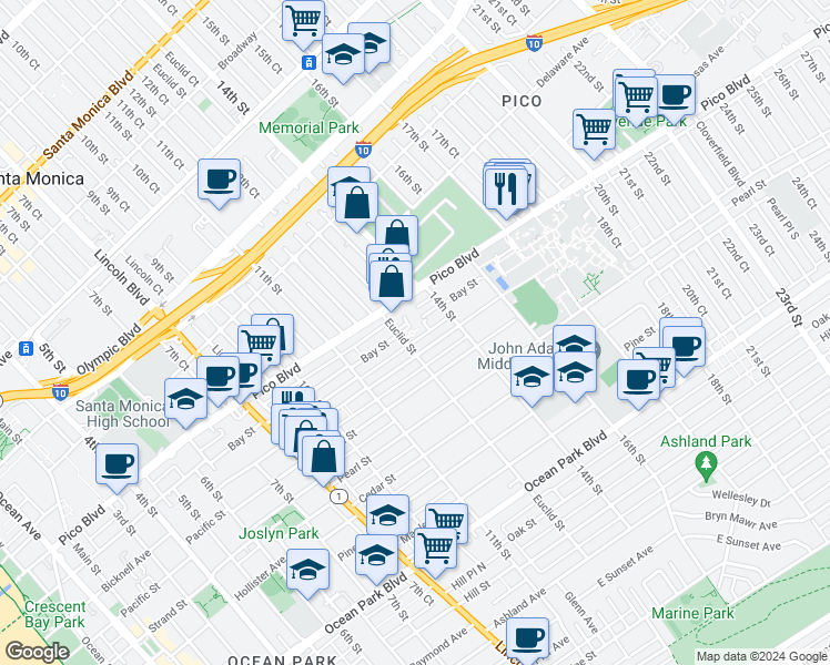 map of restaurants, bars, coffee shops, grocery stores, and more near 1305 Grant Street in Santa Monica