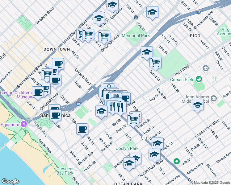 map of restaurants, bars, coffee shops, grocery stores, and more near 1820 9th Street in Santa Monica