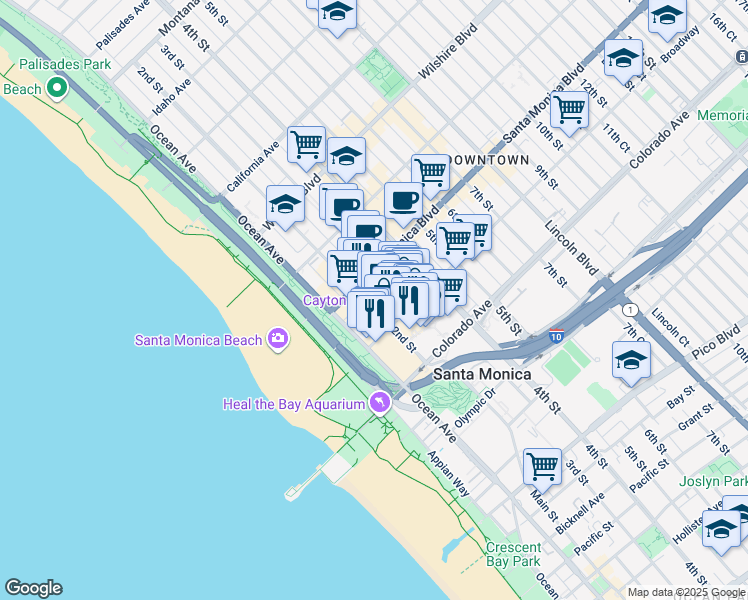 map of restaurants, bars, coffee shops, grocery stores, and more near 201 Broadway in Santa Monica