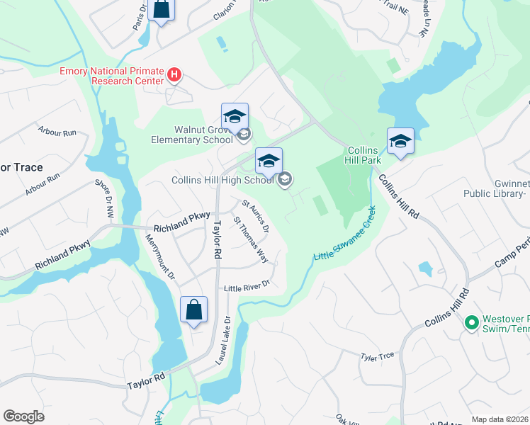 map of restaurants, bars, coffee shops, grocery stores, and more near 80 Saint Aurics Drive in Suwanee