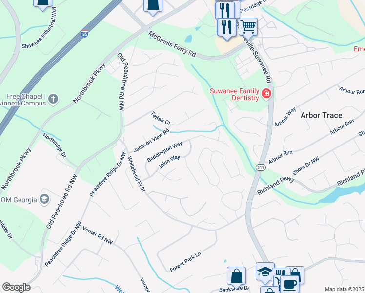 map of restaurants, bars, coffee shops, grocery stores, and more near 2759 Beddington Way in Suwanee