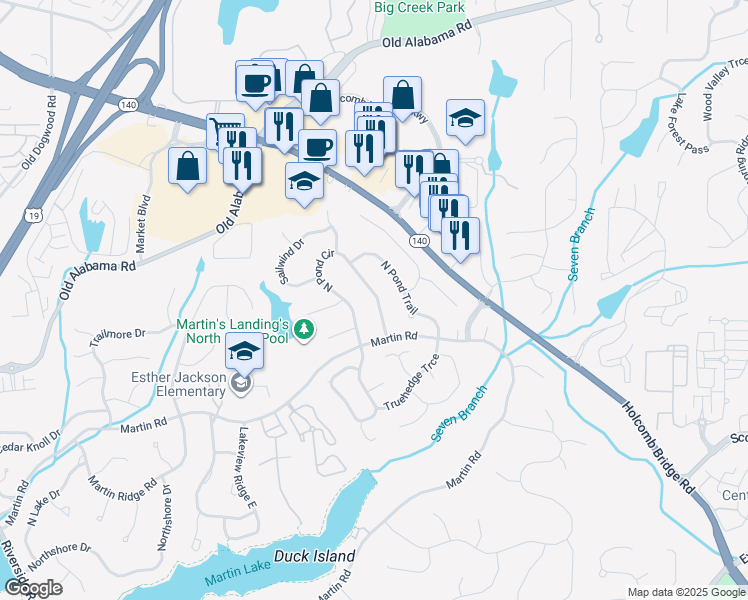 map of restaurants, bars, coffee shops, grocery stores, and more near 9870 North Pond Circle in Roswell