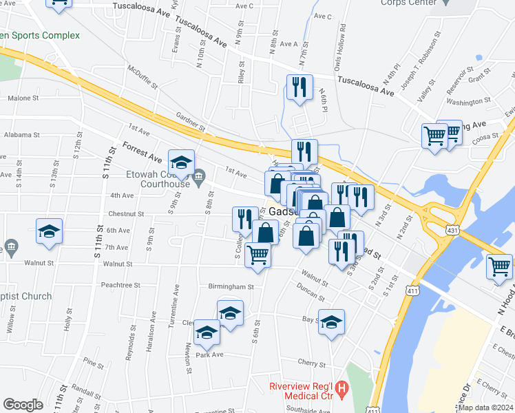 map of restaurants, bars, coffee shops, grocery stores, and more near 699 Chestnut Street in Gadsden