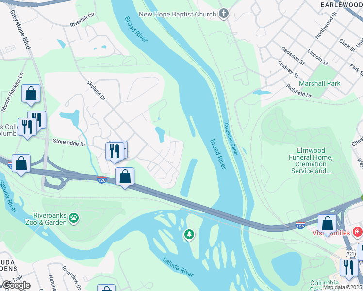 map of restaurants, bars, coffee shops, grocery stores, and more near 2076 Watermark Place in Columbia