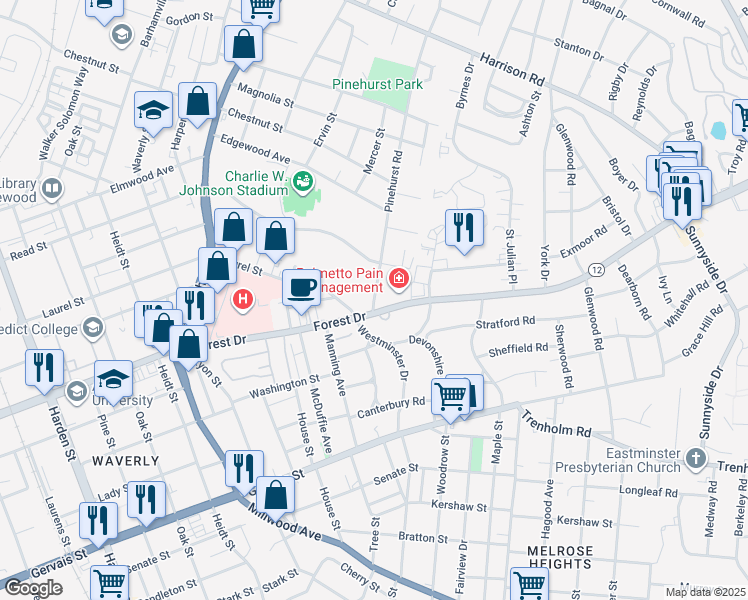 map of restaurants, bars, coffee shops, grocery stores, and more near 1609 Pinehurst Road in Columbia